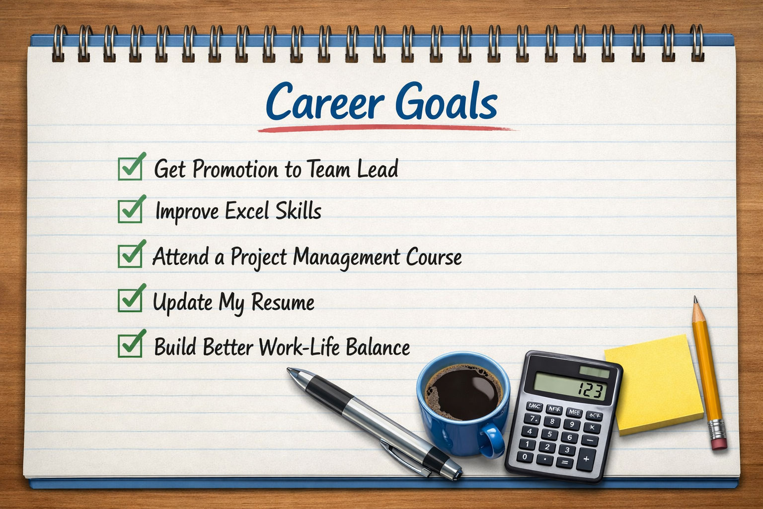Career goals checklist on a notepad highlighting the idea of being specific rather than overly ambitious.